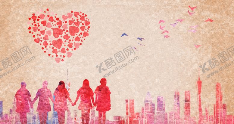 编号：12052609212036183431【酷图网】源文件下载-公益红色飘带爱心人物城市天空