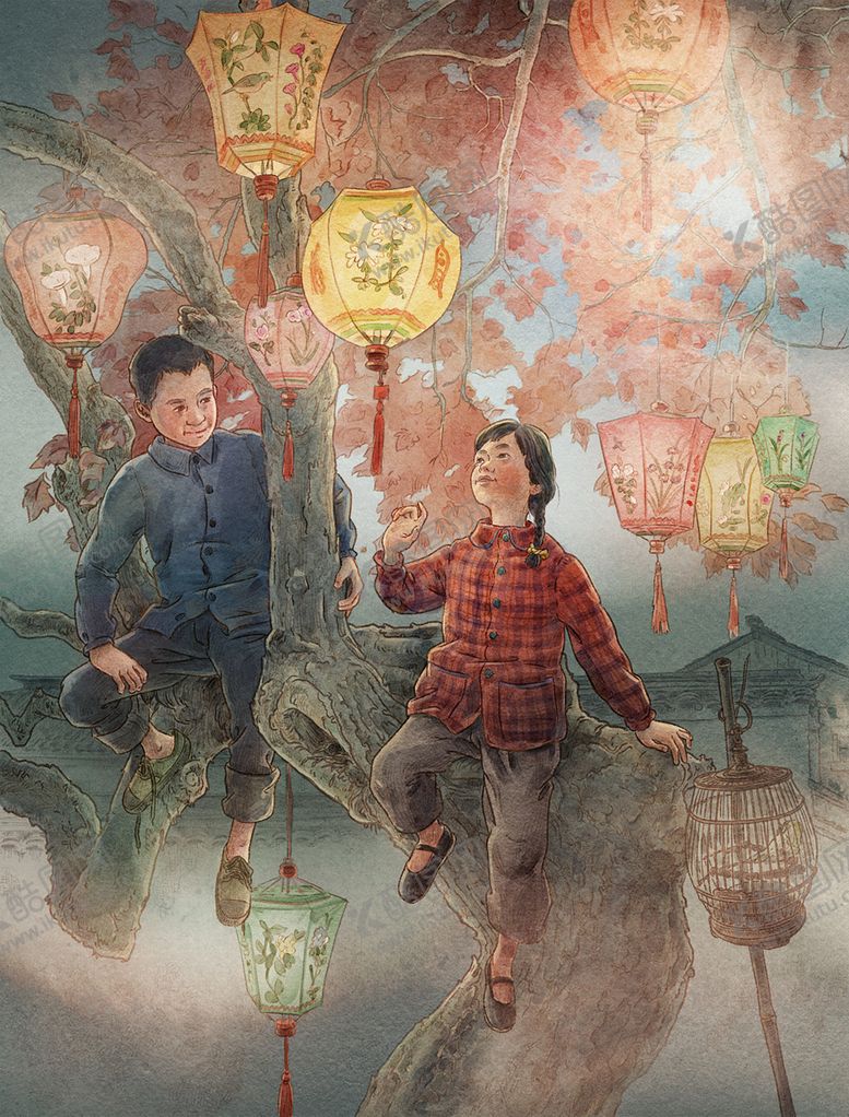 编号：82347809242027193165【酷图网】源文件下载-男孩女孩看灯笼插画