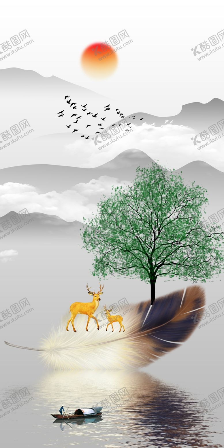 编号：47936810060733263520【酷图网】源文件下载-羽毛金色麋鹿意境山水玄关