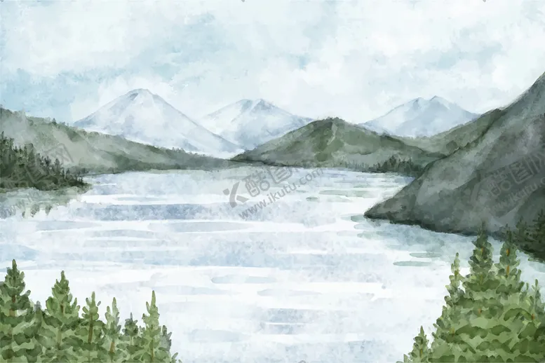 编号：75248009130552095370【酷图网】源文件下载-水彩湖泊风景
