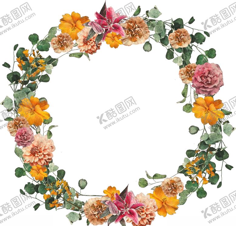 编号：41520006181933552518【酷图网】源文件下载-手绘水彩花朵花环png素材
