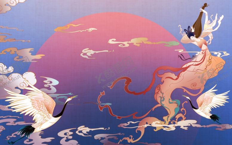 编号：72685005112303113945【酷图网】源文件下载-仙鹤仙女国风古风插画背景素材