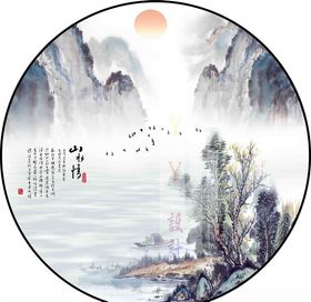 新中式意境山水圆形装饰画图片