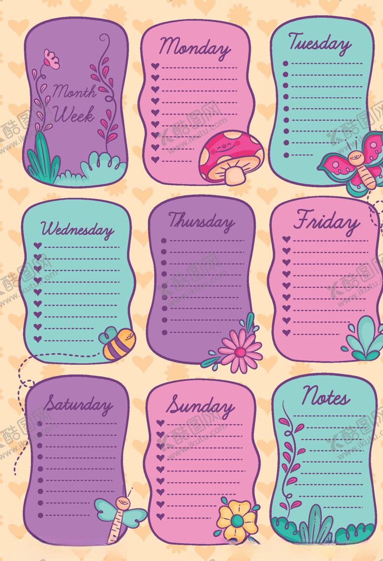 编号：61390410291315492184【酷图网】源文件下载-卡通一周计划表