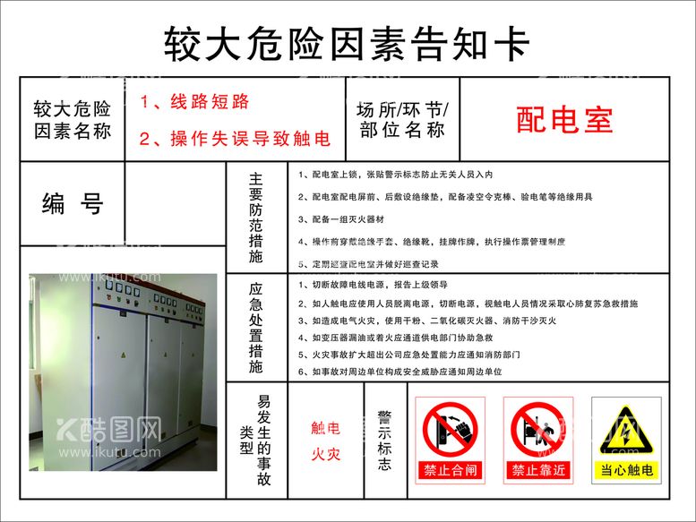 编号：24071809280730479251【酷图网】源文件下载-配电室较大危险因素告知卡