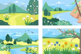 春日田园风光四格插画