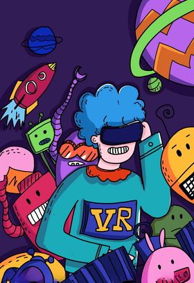 手绘蒸汽波男孩VR科技插画