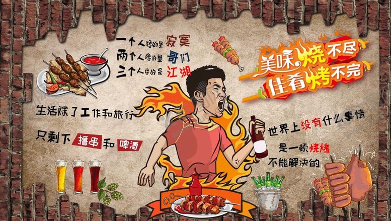 编号：18465209290841237291【酷图网】源文件下载-手绘烧烤啤酒餐厅背景墙