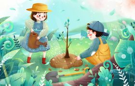 手绘男孩女孩儿童植树浇水插画