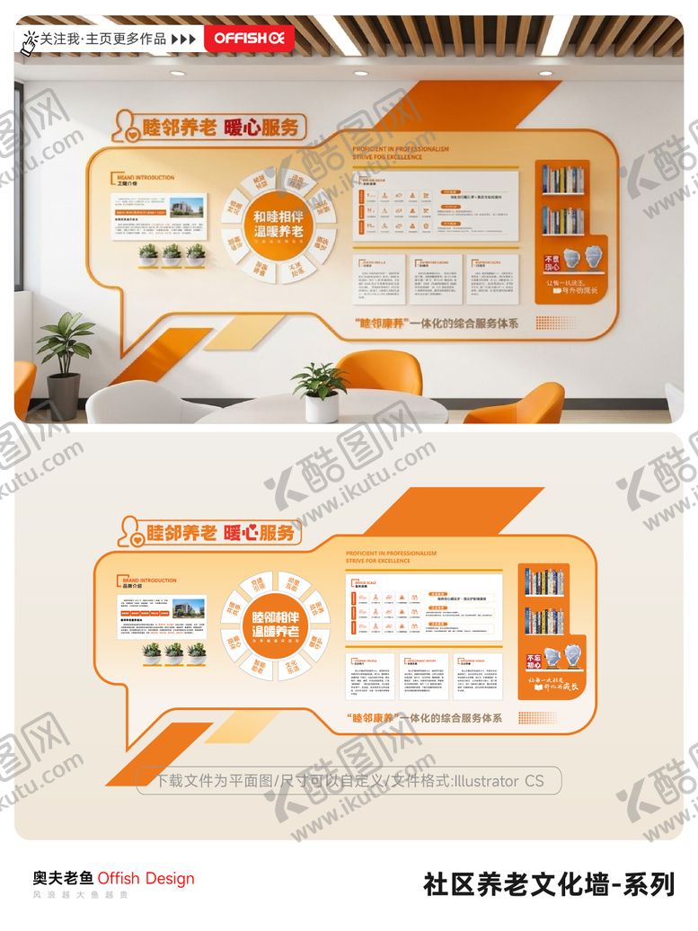 编号：15480706121109451229【酷图网】源文件下载-橙白睦邻养老暖心服务文化墙