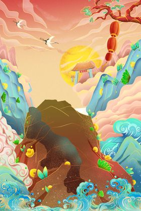 国潮海报设计图片手绘山水时尚流广告建筑插画