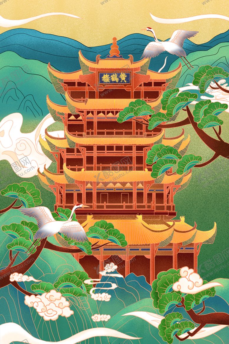 编号：05391809180500279216【酷图网】源文件下载-国潮山水树木楼台插画