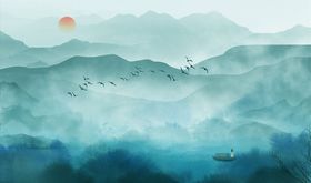 水墨山水松树大雁背景墙