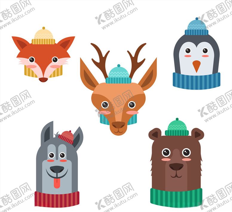 编号：16398310122153069637【酷图网】源文件下载-卡通冬季围巾动物头像矢量图