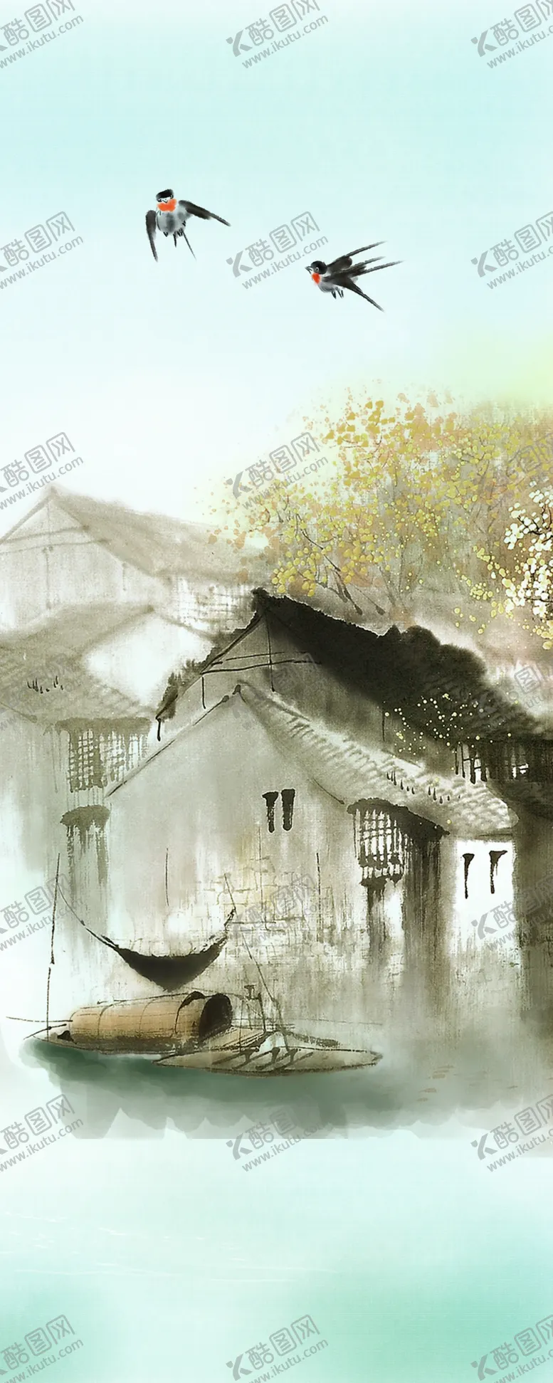 编号：69183010232328126999【酷图网】源文件下载-绿色古风江南风景三联无框装饰画