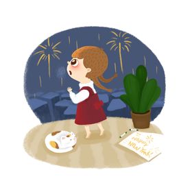手绘卡通人物书桌前读书的小女孩