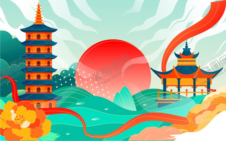 编号：50196309141550019418【酷图网】源文件下载-矢量亭子山水插画