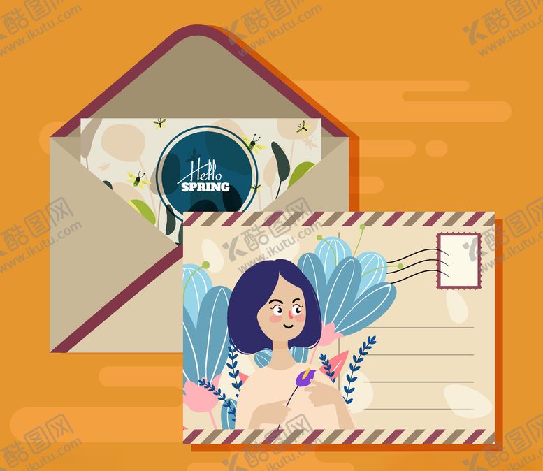 编号：86991110031431571058【酷图网】源文件下载-创意春季女子明信片和信封