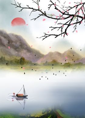 新中式山水卷帘