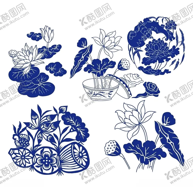 编号：18378706301104129798【酷图网】源文件下载-青花荷花剪纸