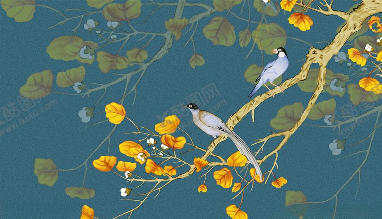 编号：34548405012357176284【酷图网】源文件下载-花鸟画手绘画鸟背景墙