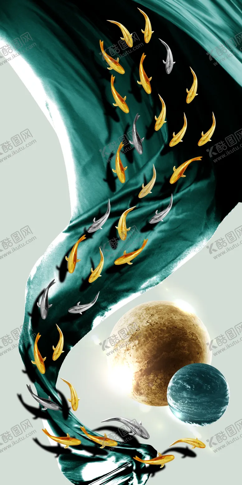 编号：54798611052322244124【酷图网】源文件下载-金色羽毛游鱼艺术玄关