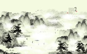 水墨山水小船背景墙