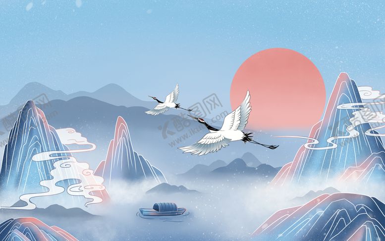 编号：18743209160310379287【酷图网】源文件下载-国潮仙鹤背景花鸟景色