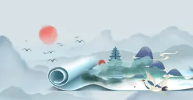 水墨山水画名胜古迹海报油精美