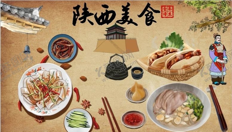 编号：50508210051655187035【酷图网】源文件下载-陕西美食背景墙PSD模板下载