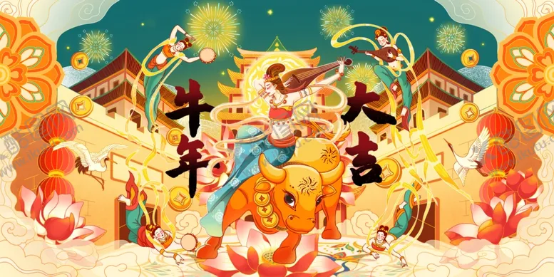 编号：65965006251532072912【酷图网】源文件下载-牛年大吉传统复古插画背景素材