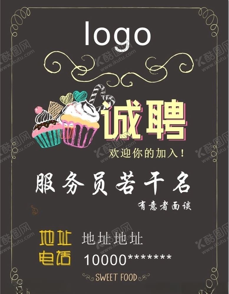 编号：74371709292001263447【酷图网】源文件下载-甜食服务员招聘海报