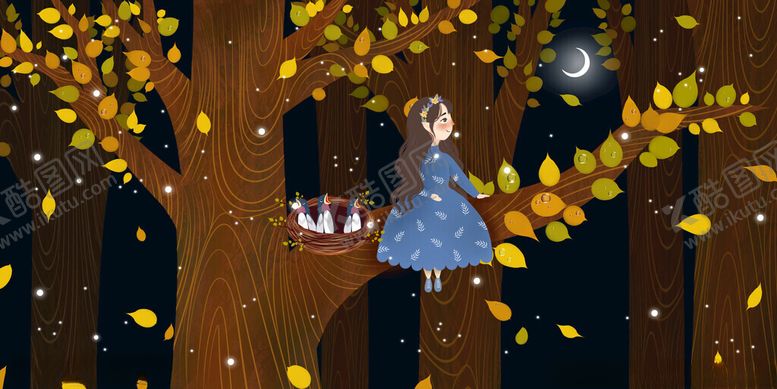 编号：42695811212338179131【酷图网】源文件下载-女孩夜中倚树赏落叶
