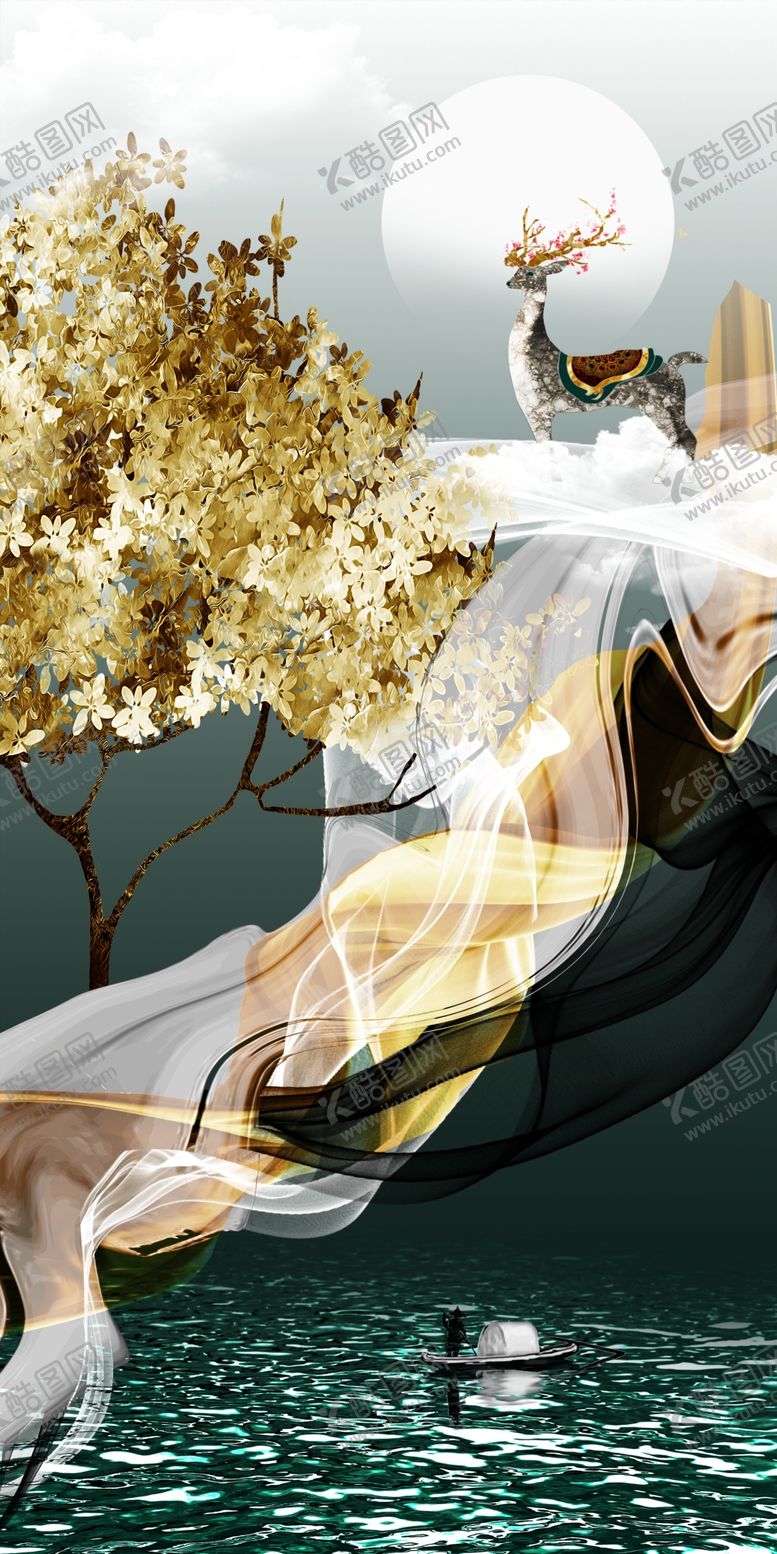 编号：72249009190304028949【酷图网】源文件下载-新中式麋鹿装饰画