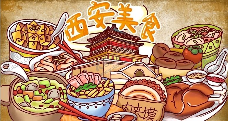 编号：10015107072235103741【酷图网】源文件下载-西安美食背景墙PSD模板下载