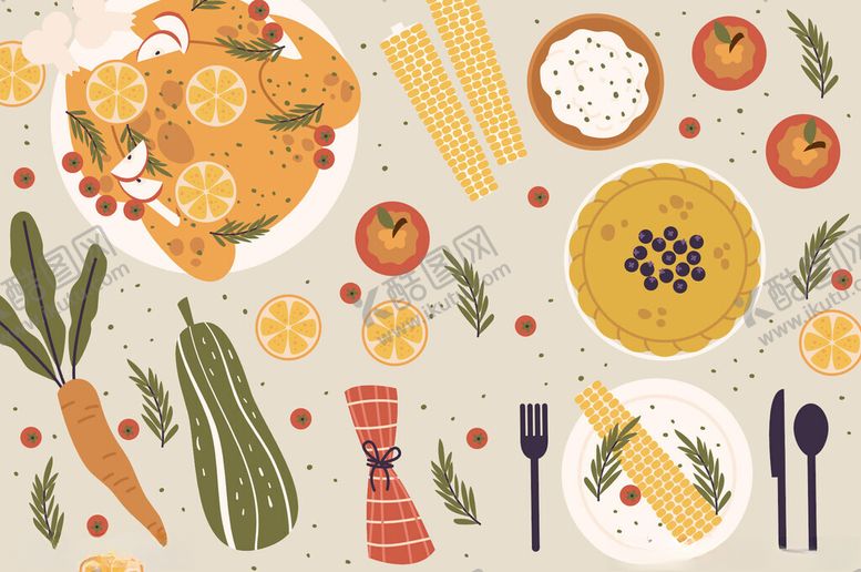 编号：79873411020348133871【酷图网】源文件下载-丰盛美食与餐具的温馨画面