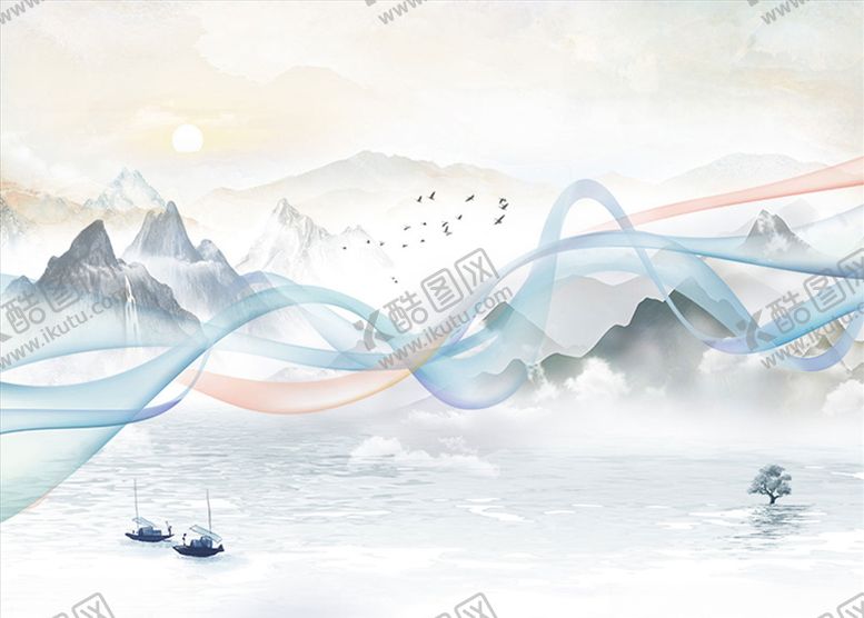 编号：15202610302351085459【酷图网】源文件下载-水墨山水小船背景墙