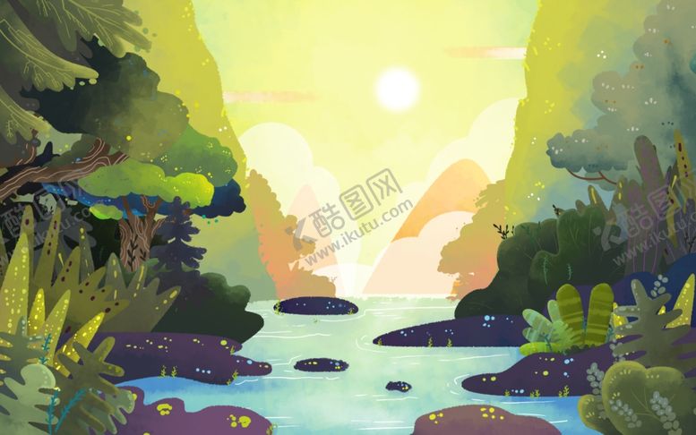 编号：29938309250528366399【酷图网】源文件下载-山水清新插画卡通背景素材