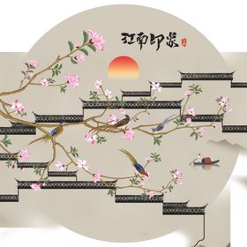 马头墙手绘玉兰花鸟装饰画