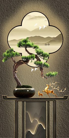 中式云形装饰与盆景摆件