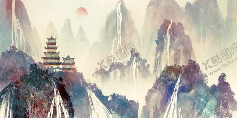 编号：85260904040323037588【酷图网】源文件下载-水墨山水间的古韵楼阁