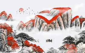 山水画装饰卧室背景墙禅意