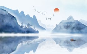 浮雕湖畔山脉风景画装饰画挂画