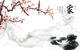 花鸟画梅花鹅卵石背景墙