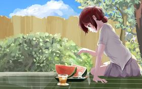 夏季吃西瓜女性人物插画卡通背景