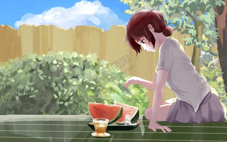 编号：61938607022056436300【酷图网】源文件下载-夏季吃西瓜女性人物插画卡通背景