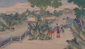 红楼梦场景精美工笔画庭院中式建筑物侍女