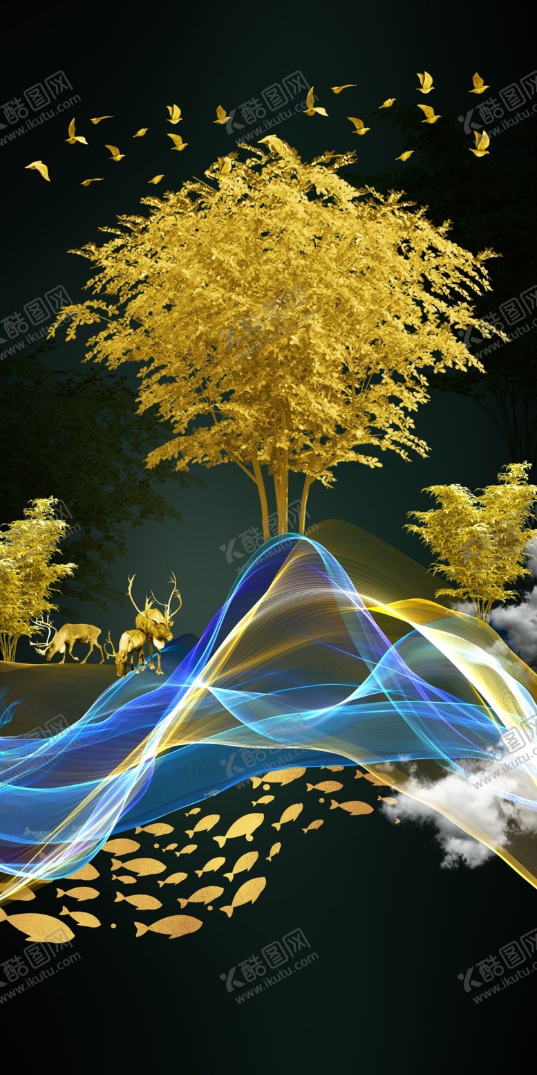 编号：48151609290735128099【酷图网】源文件下载-浮雕花鹿树飞鸟玄关图
