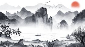 山水风景黑白亭子矢量图