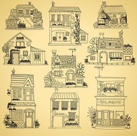 手绘复古风格房屋插画